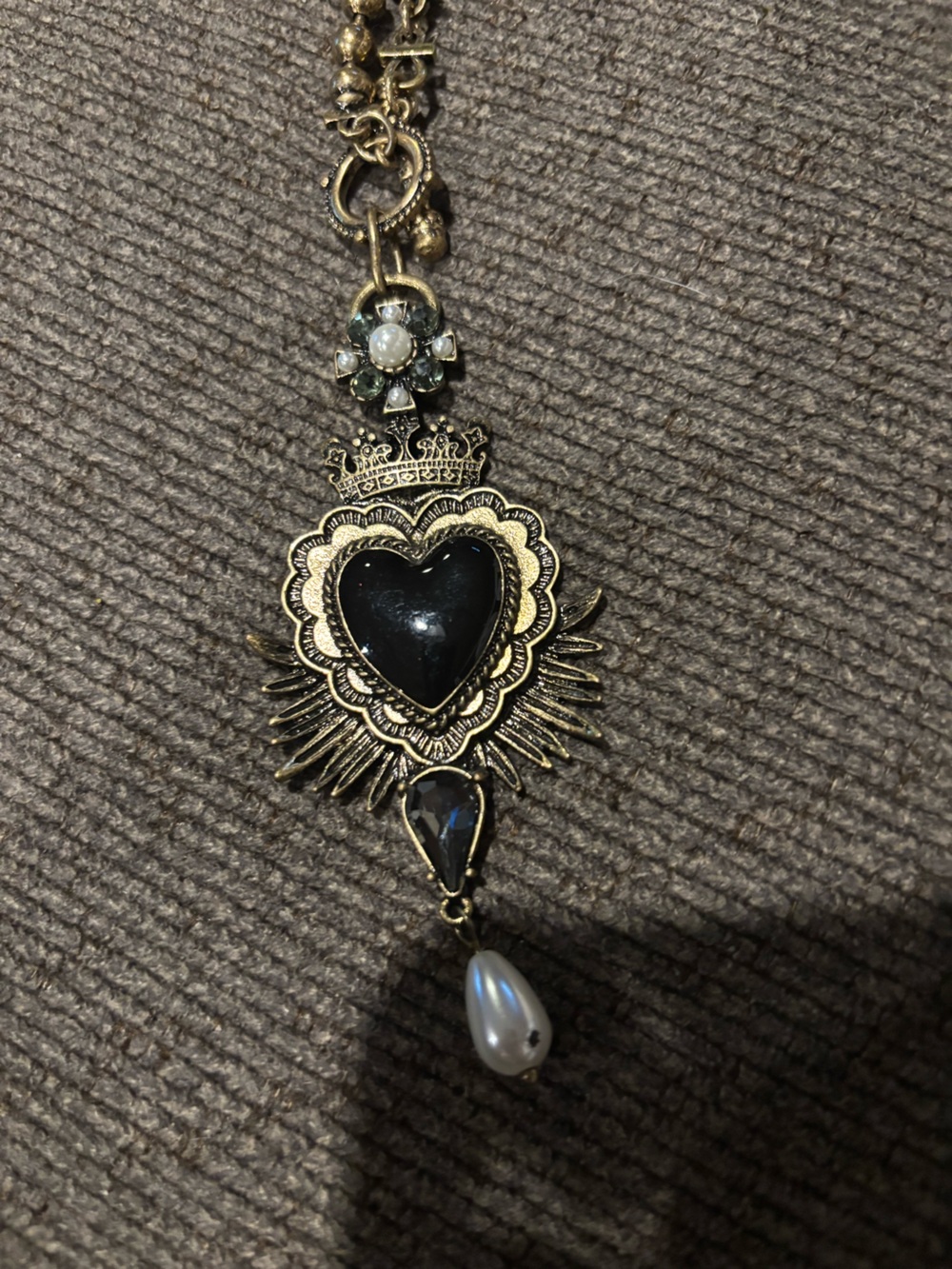 Free People Gold-Tone Heart Pendant Necklace with Black Enamel and Pearl Drop - Picture 3 of 5